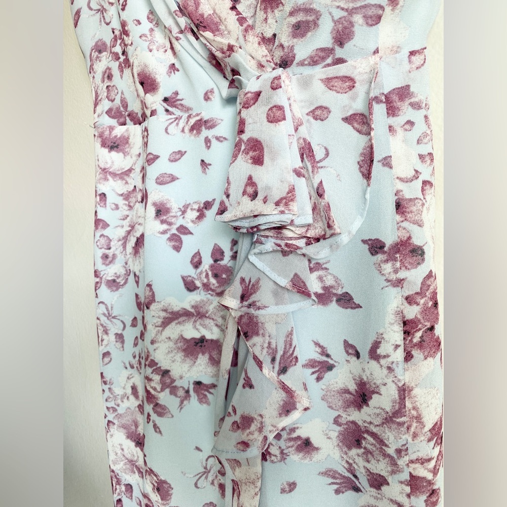 Bardot Floral Mermaid Midi Dress Faux Wrap Blue Burgundy Wedding Guest Fairy M - Picture 6 of 10